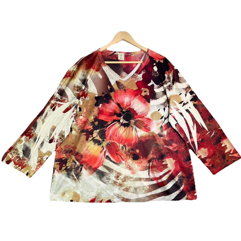 Jess Jane Top 2X Red Floral Sparkle Bling Micro Fiber Art to Wear Stretchy USA